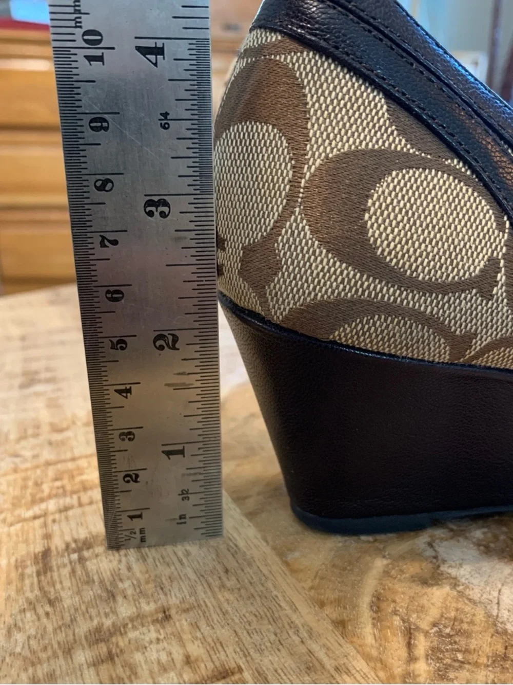 Coach Brown Signature Canvas Peep-Toe Wedge Heels with Dark Trim - Picture 6 of 7